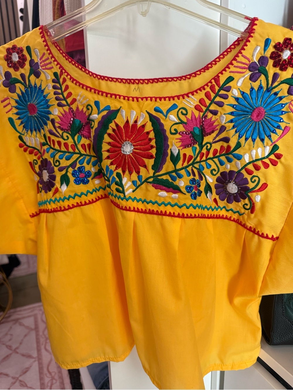 Bright Yellow Embroidered Floral Peasant Top